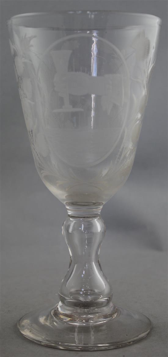 A Jacobite inspired wheel engraved glass goblet, late 19th / early 20th century 23.2cm